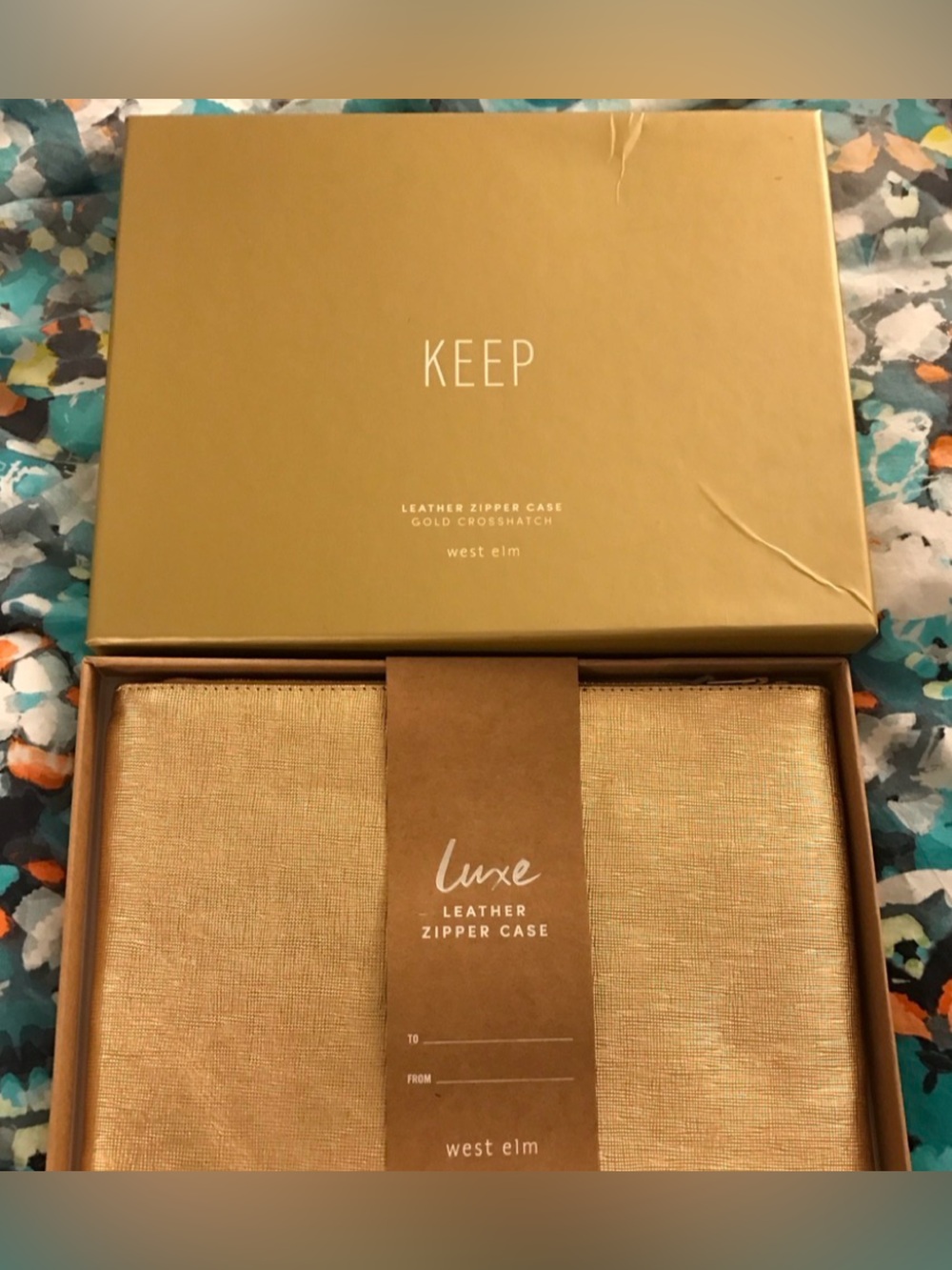 NEW West Elm Luxe Gold Leather Zipper Case